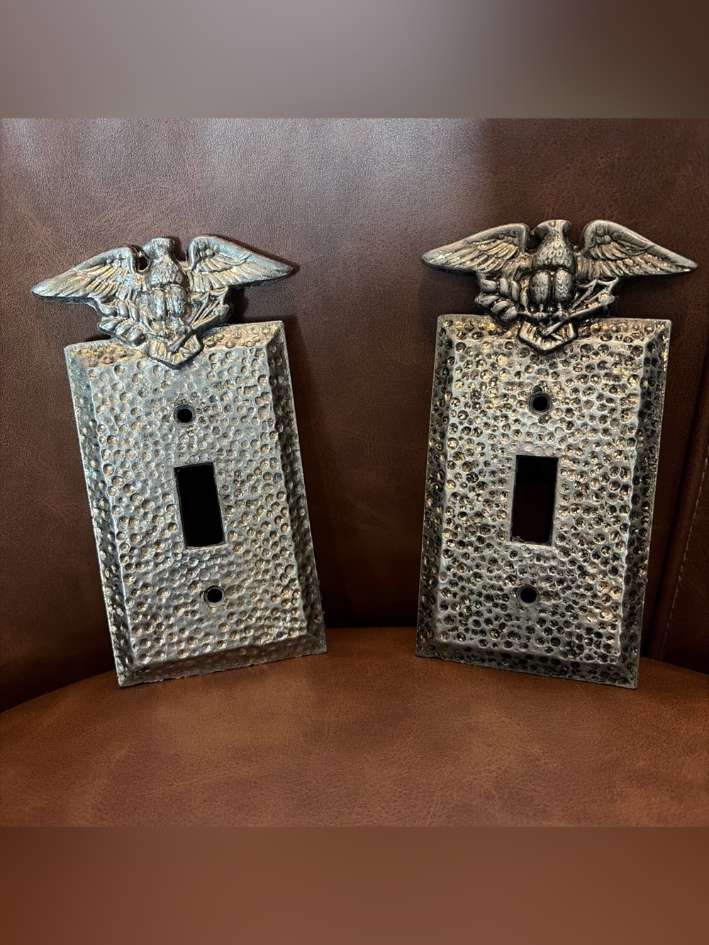 Pair Vintage Hammered Metal Eagle Light Switch Covers USA Patriotic 🇺🇸